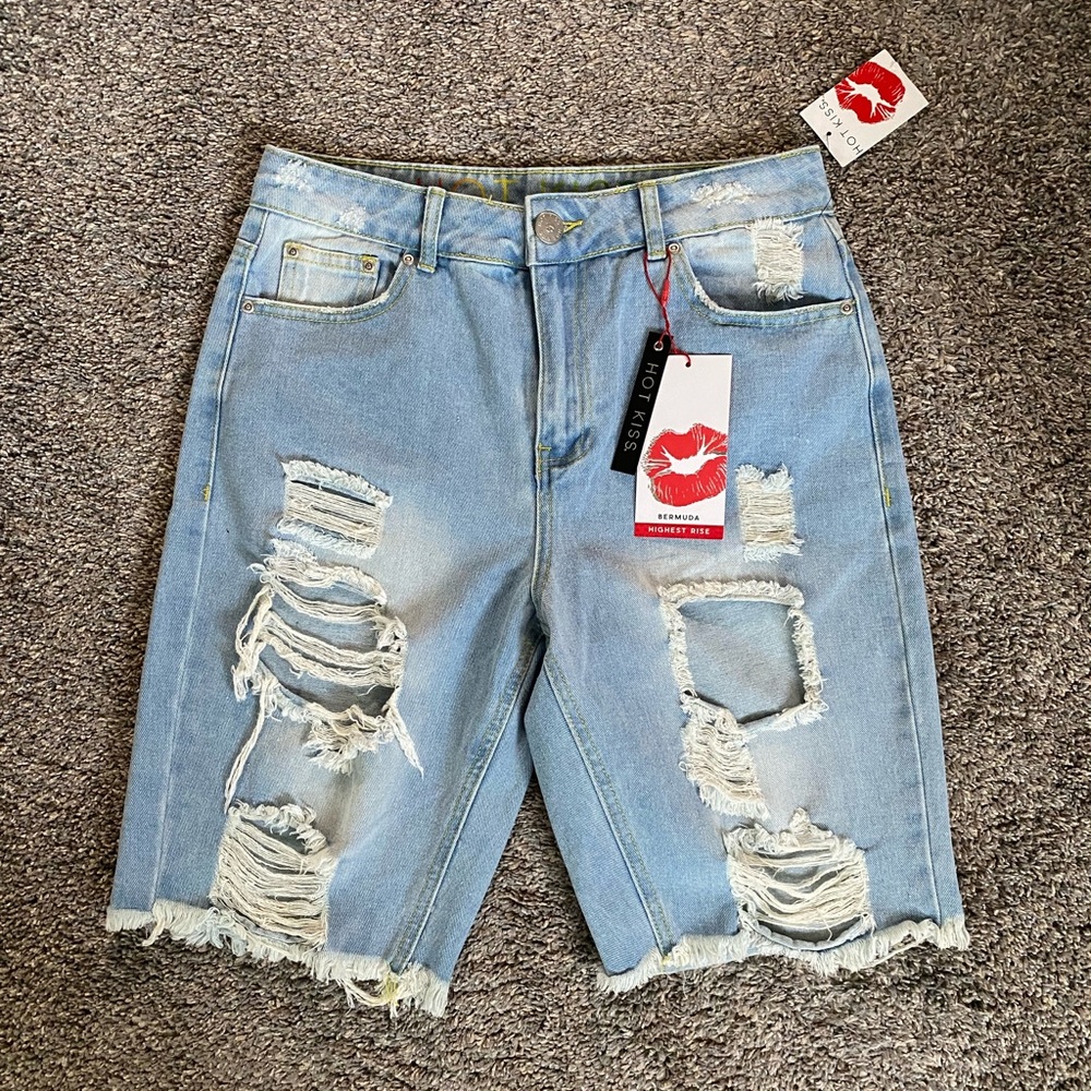 Light Wash Distressed Bermuda Jean Shorts